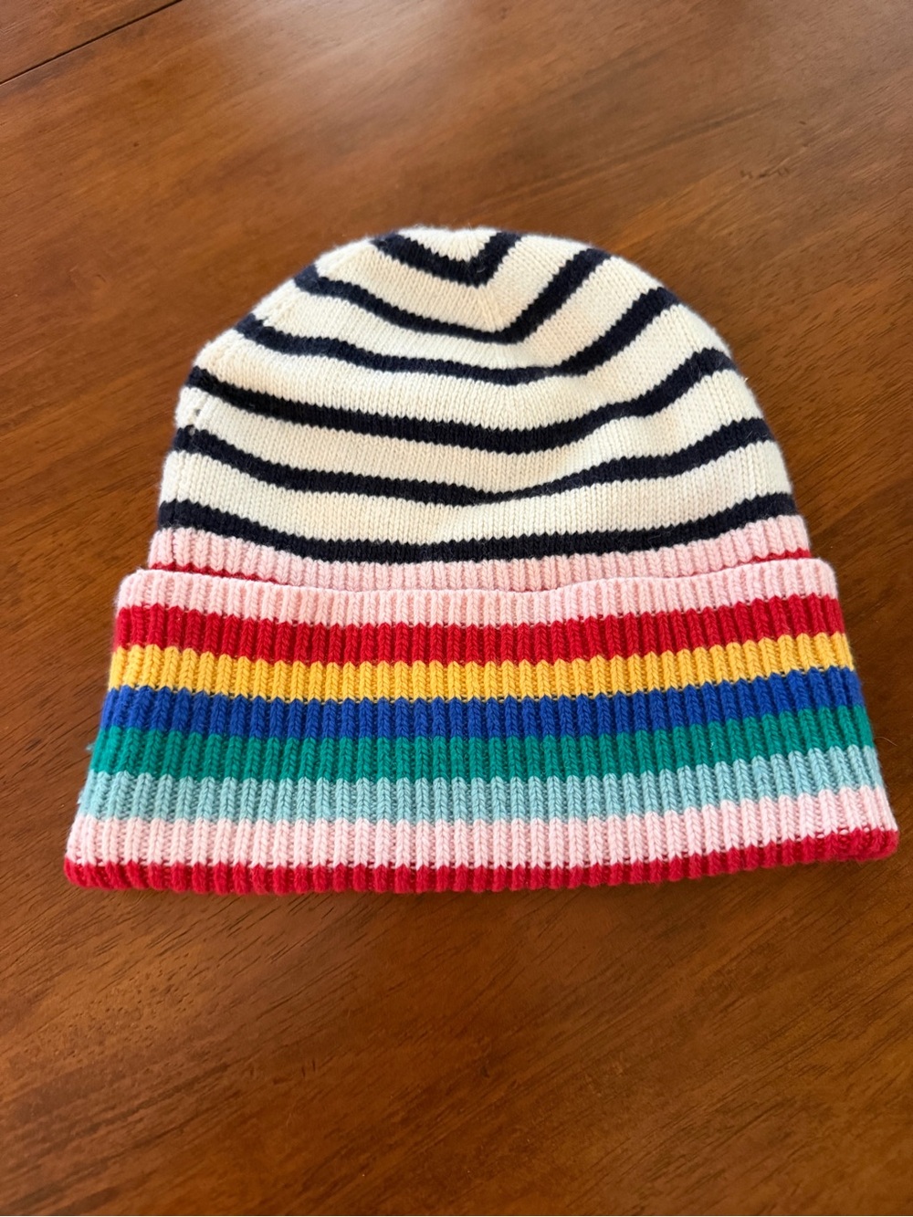 Boden Navy & White Top With Multicolor Striped Cuff Beanie